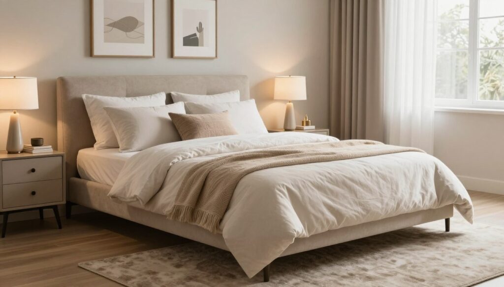 A beautiful, modern bedroom featuring a bed accessible from three sides, showcasing a cozy yet elegant design. In the foreground, the plush bed is adorned with soft, neutral-colored linens and decorative pillows, inviting comfort. The middle ground includes tasteful bedside tables with stylish lamps, and a plush area rug that enhances the warmth of the space. The background reveals softly painted walls with tasteful artwork, complemented by natural light streaming in through sheer curtains. The scene is lit warmly, creating a serene and harmonious atmosphere. The overall composition emphasizes functionality and aesthetic balance, ideal for promoting comfort in bedroom design. The perspective is slightly angled to capture the three-sided accessibility of the bed, without any humans present.