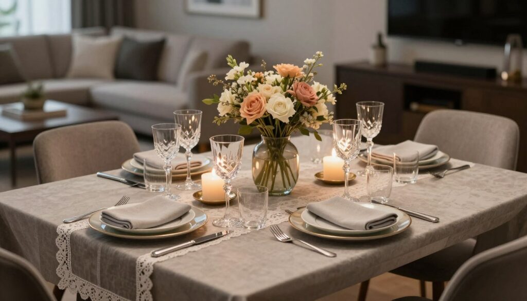 A beautifully arranged dining table set for an elegant occasion, showcasing a harmonious blend of modern and classic decor elements. In the foreground, a stylish table runner in muted tones with delicate lace accents complements an assortment of tasteful dishware and crystal glassware, glistening under soft, warm candlelight. The middle ground features an artistic centerpiece of seasonal flowers in a chic vase, surrounded by tasteful decorative items like engraved cutlery and elegantly folded napkins. The background offers a glimpse of a stylish living room, with cozy furnishings and a muted color palette that reflects contemporary interior design. The overall mood is inviting and sophisticated, perfect for both everyday use and special occasions, captured with soft focus and warm, diffused lighting to enhance the elegance.