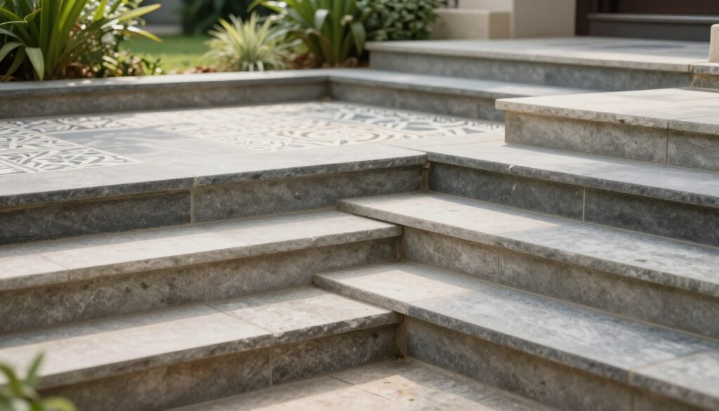 A beautifully arranged outdoor staircase showcasing a combination of materials: stone, concrete, and tiles, creating visually appealing and durable steps. In the foreground, highlight well-defined stone and concrete step designs, emphasizing texture and craftsmanship. The middle ground features patterned tiles, arranged in an artistic layout, demonstrating both aesthetics and practicality. The background includes a softly blurred garden setting with lush greenery, providing a serene atmosphere. Natural sunlight filters through the leaves, casting gentle shadows and enhancing the textures of the materials. Use a wide-angle lens to capture the staircase from a slightly elevated perspective, inviting viewers to appreciate the blend of durability and style. Ensure the image is realistic, focusing on color harmony and the interplay of materials without any text or distractions.