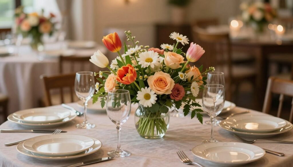 A beautifully arranged table set for a stylish gathering, featuring a centerpiece of vibrant, fresh flowers in a mix of colors, such as tulips, daisies, and roses. The flowers are in an elegant glass vase, surrounded by soft green foliage. In the foreground, delicate porcelain tableware includes plates and cutlery that reflect a refined aesthetic. The middle ground features a richly textured tablecloth, perhaps in a subtle pastel shade, that complements the floral arrangement. In the background, softly blurred ambient lighting creates a warm, inviting atmosphere, reminiscent of a cozy but sophisticated salon. A soft-focus lens effect enhances the elegance of the scene, evoking a sense of tranquility and charm, perfect for both casual and festive occasions.