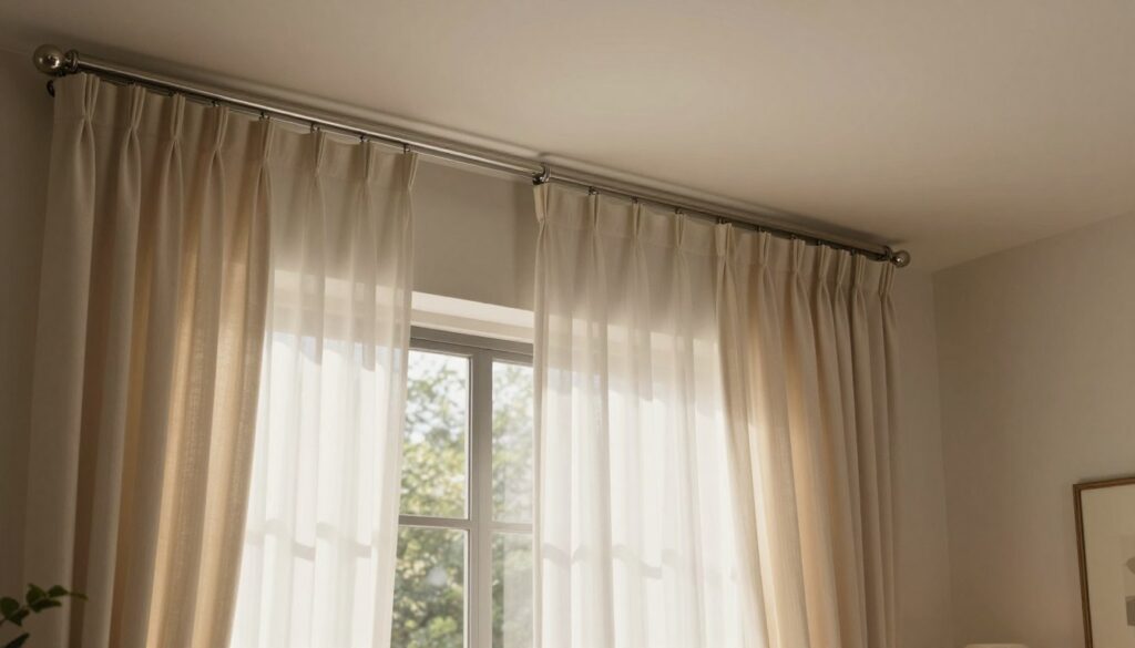 A beautifully designed bay window adorned with elegant ceiling curtain tracks, showcasing soft, flowing curtains that accentuate the window's shape. In the foreground, the ceiling track is intricately detailed, demonstrating modern design, with polished materials. The middle ground features the curtains gracefully hanging, partially drawn to allow sunlight to filter through, casting gentle shadows. In the background, there’s a cozy room setting with warm, natural light streaming in, illuminating the fabrics and enhancing the inviting atmosphere. The lens captures the scene from a slight angle to provide depth, focusing on the harmonious blend of elegance and functionality. The mood is serene and stylish, perfect for showcasing a sophisticated interior design.