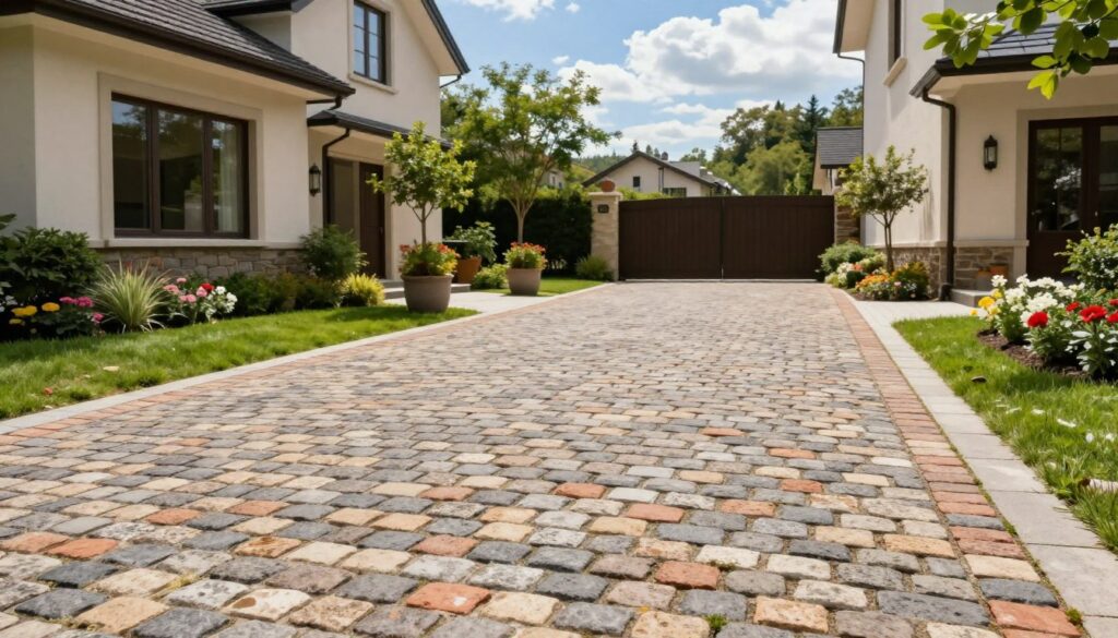 A beautifully designed driveway made of classic cobblestone, showcasing a harmonious pattern in warm earth tones like beige, gray, and terracotta. In the foreground, the cobblestone is arranged neatly, reflecting the sunlight. A modest, elegantly styled home with large windows and subtle landscaping flanks the driveway, surrounded by vibrant green grass and blooming flowers. The middle ground features decorative elements like small trees and planters, adding charm and character. In the background, a bright blue sky with a few fluffy clouds completes the serene atmosphere. The scene is captured in soft, natural lighting, using a slightly elevated angle to emphasize the driveway's shape and flow, evoking a mood of practicality and aesthetic appeal for a welcoming home entrance.