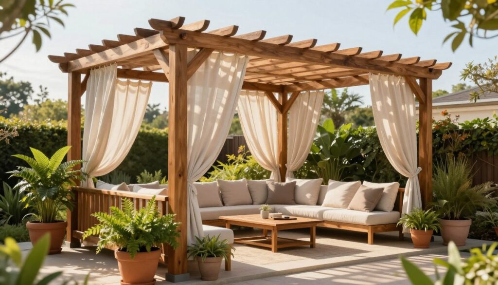 A beautifully designed pergola on a terrace, constructed from natural wood with elegant lines and a modern aesthetic, providing shade and a stylish retreat. In the foreground, lush potted plants with vibrant green foliage enhance the cozy atmosphere, while a comfortable seating area with plush cushions invites relaxation. The middle ground showcases the pergola's detailed structure, with soft drapes gently fluttering in the breeze, casting dappled sunlight on the terrace floor. In the background, a sunny garden and distant trees create a serene setting. The mood is peaceful and inviting, with warm afternoon light creating soft shadows and highlighting the textures of the wood and plants. Capture this scene at a slightly elevated angle to showcase the pergola’s functionality and charm.