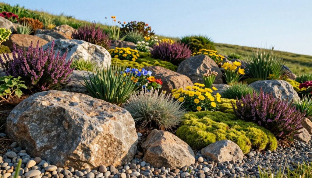 A beautifully designed rock garden in a sunlit setting, showcasing a variety of unique stones and a diverse selection of vibrant alpine plants interspersed among them. In the foreground, large, textured boulders provide contrast to smaller pebbles and gravel, while in the middle ground, colorful flowers such as purple heather, yellow saxifrage, and bright green moss create a lively tapestry. The background features a gentle slope with more greenery, blending seamlessly into a clear blue sky. Soft, warm sunlight bathes the scene, casting gentle shadows and highlighting the intricate details of the plants and rocks. The overall mood is serene and inviting, capturing the essence of an idyllic garden where one can relax and enjoy nature’s beauty. A beautifully designed rock garden in a sunlit setting, showcasing a variety of unique stones and a diverse selection of vibrant alpine plants interspersed among them. In the foreground, large, textured boulders provide contrast to smaller pebbles and gravel, while in the middle ground, colorful flowers such as purple heather, yellow saxifrage, and bright green moss create a lively tapestry. The background features a gentle slope with more greenery, blending seamlessly into a clear blue sky. Soft, warm sunlight bathes the scene, casting gentle shadows and highlighting the intricate details of the plants and rocks. The overall mood is serene and inviting, capturing the essence of an idyllic garden where one can relax and enjoy nature’s beauty.