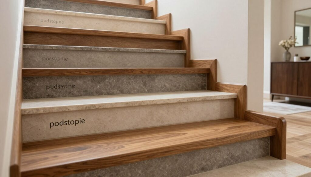 A beautifully designed staircase showcasing various materials for "podstopnie". In the foreground, a close-up view of sturdy and aesthetically pleasing step materials like polished wood, sleek stone, and elegant composite materials, each labeled subtly with their textures. The middle ground features a well-structured staircase with these materials, displaying a harmonious blend of comfort and durability, illuminated by soft natural light streaming from a nearby window. The background reveals a modern home interior, enhancing the overall ambiance with a warm and inviting mood. The camera angle is slightly above the steps, giving a clear view of the design while maintaining a focus on the quality and beauty of the materials. The scene is tranquil, embodying the essence of a space where durability meets elegance.