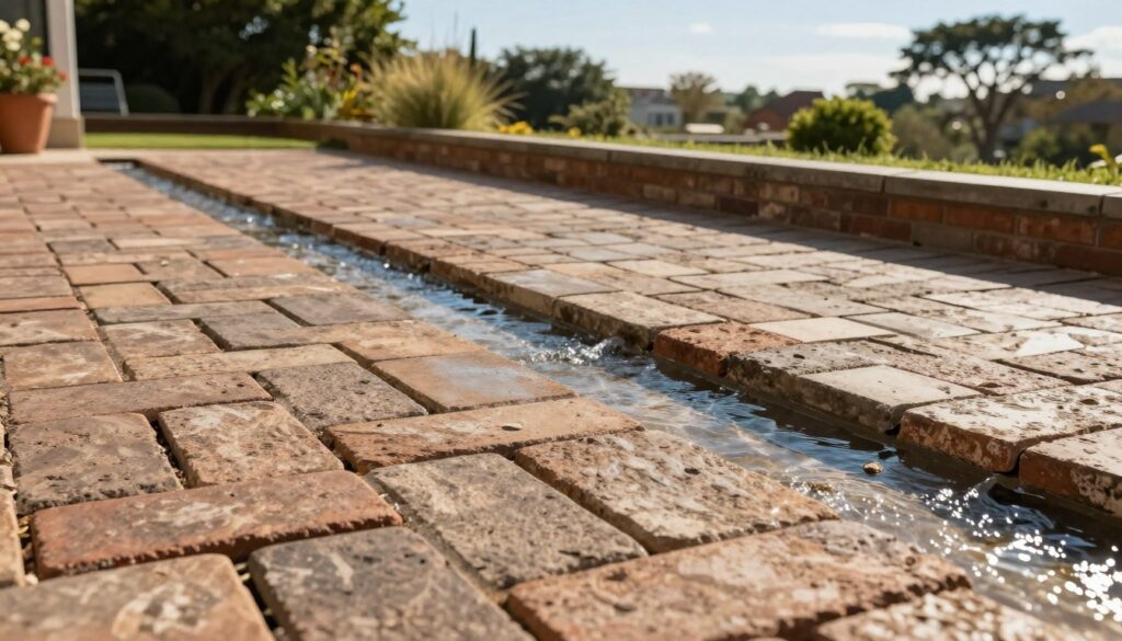 A beautifully designed terrace featuring interlocking stone pavers, angled to facilitate efficient water drainage. In the foreground, highlight the textured surface of the pavers, showcasing their weathered and durable appearance. The middle ground should include a slight sloping design, with clear water flow channels directing rainwater away seamlessly. In the background, lush greenery and a clear blue sky create a serene atmosphere, emphasizing the harmony of nature and architecture. The scene is lit with warm, natural sunlight, casting soft shadows that enhance the brick textures. Capture this angle from a low perspective to emphasize the slope and drainage features, evoking a practical yet aesthetically pleasing outdoor living space.