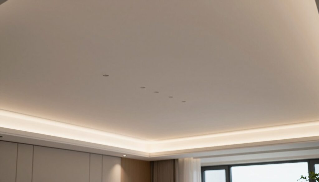 A beautifully finished ceiling hole, featuring seamless edges and integrating a modern aesthetic. In the foreground, soft, warm light illuminates the clean, polished surface of the ceiling, highlighting the precise craftsmanship. In the middle ground, a subtle gradient of colors enhances the overall elegance, reflecting a stylish yet functional design that blends into a contemporary interior. The background reveals a tastefully decorated room with neutral tones, showcasing tasteful furnishings that complement the ceiling's new look. The atmosphere is serene and professional, evoking a sense of completion and attention to detail. Use a wide-angle lens effect to capture both the ceiling detail and the surrounding ambiance effectively, ensuring a clear and inviting visual representation.