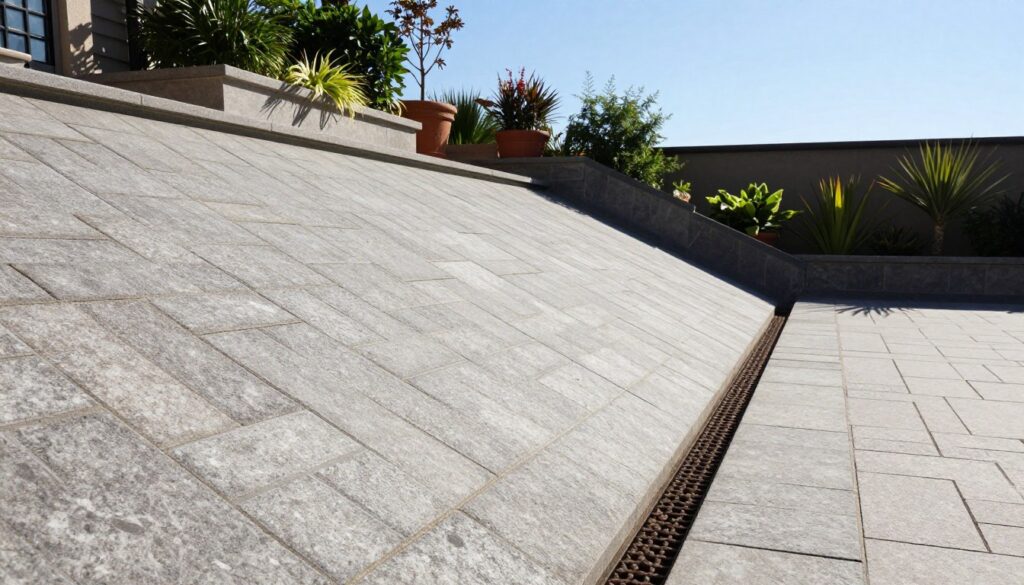 A beautifully landscaped terrace featuring a well-defined slope for effective water drainage, made of interlocking stone pavers. In the foreground, showcase a detailed view of the sloped surface, highlighting the angle of the pavers and the slight tilt towards a drainage channel. The middle ground should include potted plants along the edges of the terrace to enhance the garden aesthetic. The background features a bright, blue sky, casting natural light onto the scene, while soft shadows emphasize the slope. Capture the image from a slight elevation angle to accentuate the gradient of the terrace. The overall mood is serene and practical, illustrating a professional approach to terrace design.