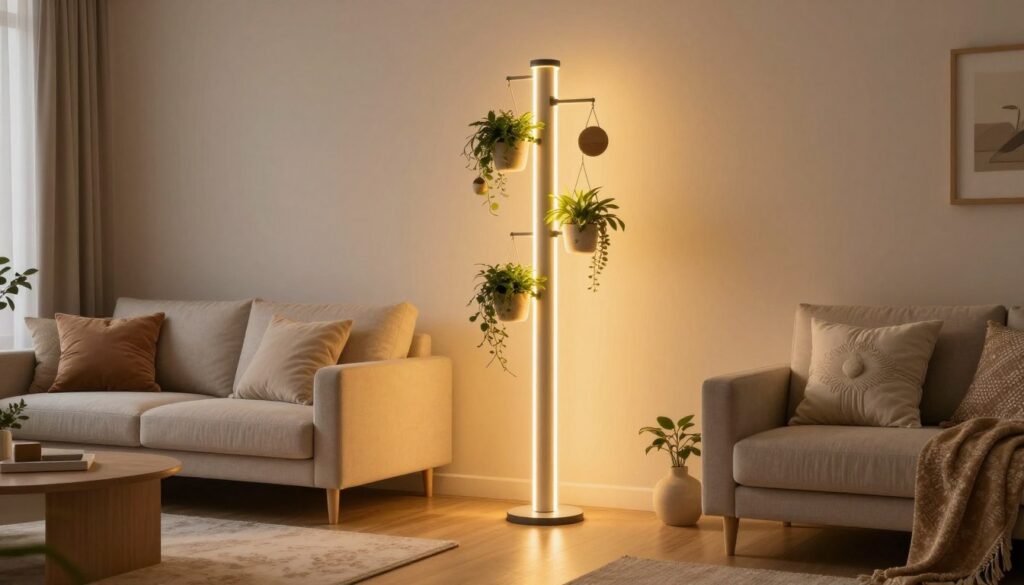 A beautifully lit modern living room featuring a creatively decorated utility pole as a focal point. The pole is adorned with elegant LED strip lighting, casting a warm, inviting glow that enhances the ambiance. In the foreground, there are cozy furnishings, such as a stylish couch and decorative pillows, complemented by soft area rugs. In the middle ground, the pole stands tall, embellished with hanging plants and artistic ornaments. The background showcases a subtly painted wall, contributing to a tranquil atmosphere. The lighting is soft yet vibrant, with a warm color palette to inspire comfort and style. This image should evoke a sense of creativity and home decor innovation, captured from a slightly elevated angle to highlight the pole's unique adornments.