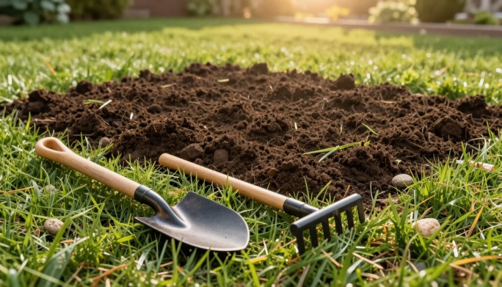 A beautifully organized garden setting showcasing essential tools for leveling soil under a lawn. In the foreground, place a sturdy shovel, a garden rake with a wooden handle, and a leveling tool, all meticulously arranged on a grassy patch. In the middle ground, depict a freshly tilled patch of earth, showing its dark, rich texture, with scattered grass clippings and a few small stones. The background features a serene lawn area, lush and vibrantly green, illuminated by warm, golden sunlight filtering through soft, wispy clouds. Capture the scene from a slightly elevated angle to create depth, emphasizing the tools’ importance in preparing the Earth for a healthy lawn. The mood should feel inviting and productive, inspiring readers to engage with their gardening efforts.