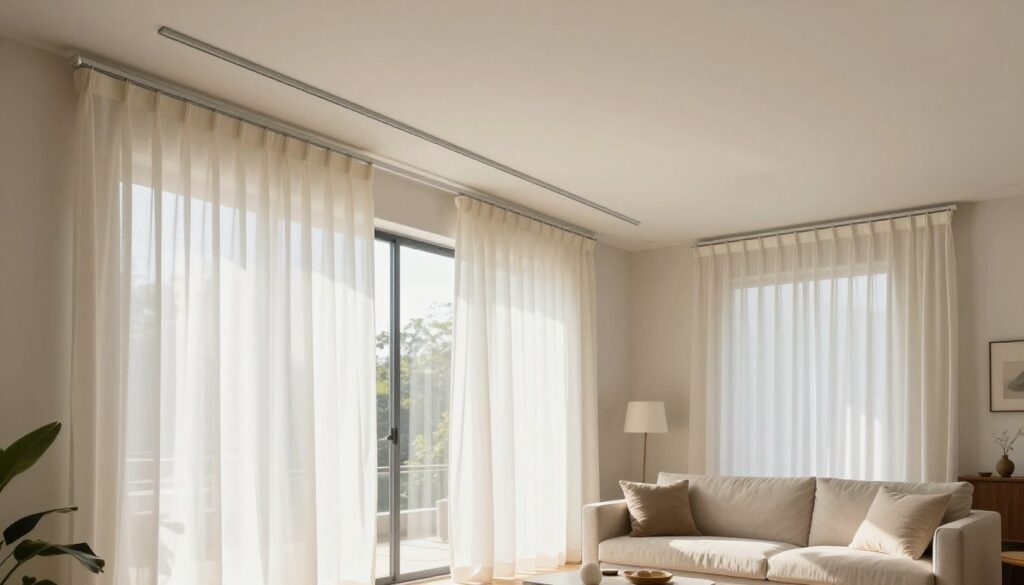 A bright, modern living room featuring ceiling tracks elegantly installed to hold light, airy curtains. In the foreground, soft, flowing curtains drape from sleek, minimalist ceiling tracks, showcasing their functionality and aesthetic appeal. The middle ground reveals a cozy seating area with a stylish sofa and decorative pillows, while the background includes a large window allowing natural sunlight to filter in, creating a warm and inviting atmosphere. The scene is well-lit, with soft, diffused daylight enhancing the colors and textures of the fabric. Capture the elegant simplicity of this innovative curtain-hanging solution, evoking a sense of style and sophistication in the home environment. Use a wide-angle perspective to encompass the entire setting.