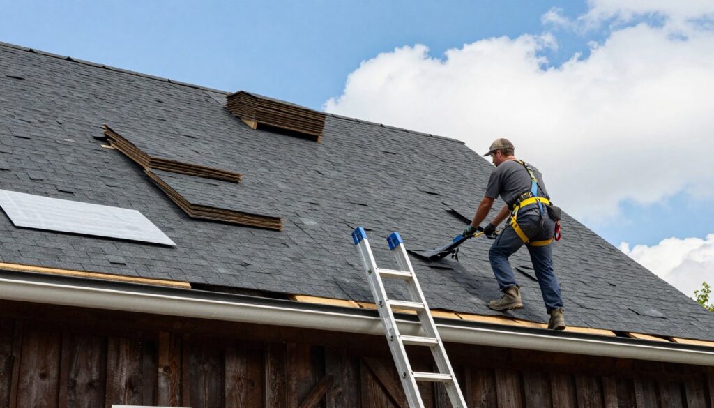 A busy scene of a roof replacement in progress on a rustic barn, showcasing workers in professional attire carefully removing old shingles from the roof. In the foreground, a ladder leans against the barn, while a worker uses a safety harness, emphasizing safety practices. The middle ground features stacks of new roofing materials, including shingles and underlayment, ready to be installed. The background displays a clear blue sky with a few fluffy clouds, hinting at a calm day ideal for construction. Soft daylight illuminates the scene, highlighting details like the texture of the barn wood and the workers' focused expressions, creating an atmosphere of diligence and professionalism in home renovation.