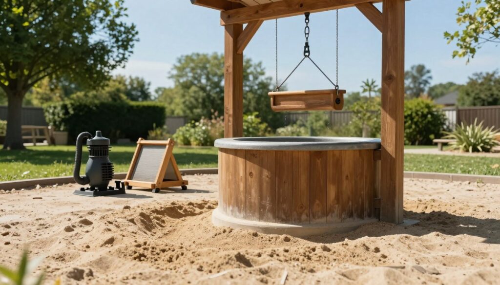 A clear and focused view of a well-maintained water well in a serene outdoor setting, featuring a large wooden structure for lifting and lowering. In the foreground, there is a fine layer of sand visible, suggesting previous issues with sand intrusion. The middle ground includes tools for effective sand removal, such as a specialized pump and sifting equipment, arranged neatly. The background showcases lush greenery, a clear blue sky, and sunlight filtering through trees, creating a calm and professional atmosphere. The angle should be slightly elevated, capturing the depth of the well while emphasizing the tools and techniques for preventing sand re-entry. The scene feels orderly and functional, highlighting diligence in maintenance without any people present.