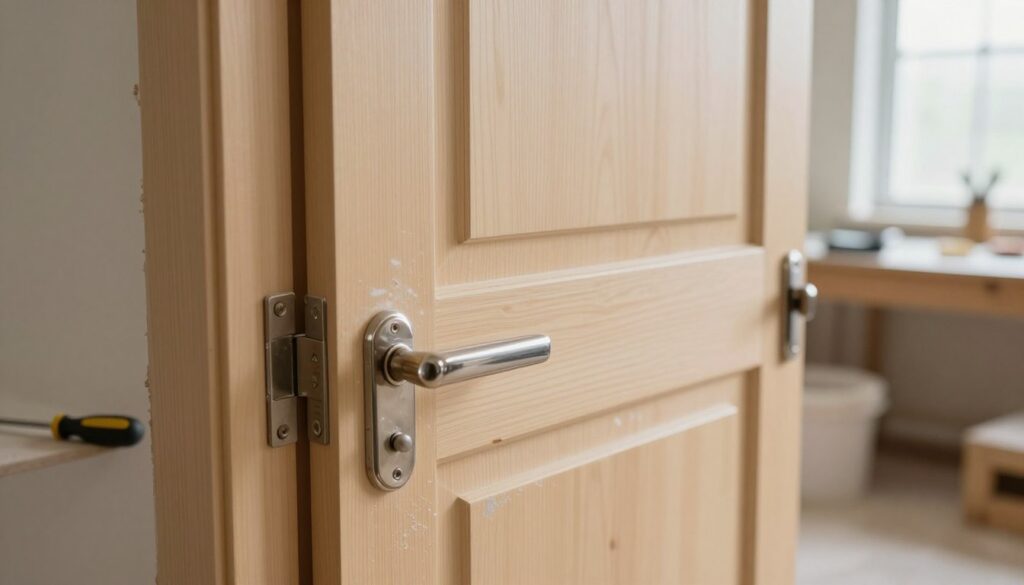 A close-up image of a set of medium-density fiberboard (MDF) doors in the process of renovation. In the foreground, focus on the intricate details of the door handle and hinges being carefully removed, showcasing small tools like a screwdriver laying beside them. The middle ground highlights the smooth, slightly worn surface of the door, with visible dust and patches indicating the cleaning process. In the background, a well-lit workspace is visible, featuring soft, natural lighting filtering through a nearby window, creating a warm, inviting atmosphere. The image should convey a sense of craftsmanship and renewal, emphasizing the transformation of these doors from old to refreshed.
