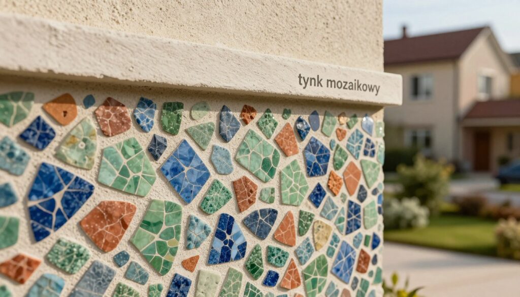 A close-up image of a textured wall featuring "tynk mozaikowy," showcasing various colorful aggregates embedded in a smooth cement base. The foreground captures the detailed patterns and colors of the mosaic plaster, including shades of blue, green, and terracotta, emphasizing its unique texture and aesthetic appeal. The middle ground includes a blurred view of a residential building's lower facade, highlighting the application of this plaster solution. In the background, a soft-focus garden setting adds depth and a touch of nature. The lighting is warm and natural, suggesting an inviting atmosphere, while the angle is slightly tilted to create depth and enhance the visual impact. The overall mood is vibrant and professional, illustrating the elegance and practicality of mosaic plaster in architectural design.