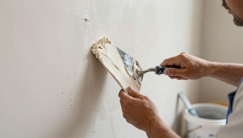 A close-up of a professional worker applying gypsum plaster in a well-lit interior setting. In the foreground, focus on the worker's hands skillfully smoothing the plaster with a trowel, showcasing the texture and consistency of the gypsum. The middle ground features a partially finished wall, highlighting imperfections such as cracks and uneven surfaces, which emphasize common mistakes in drywall work. In the background, there are soft shadows and hints of other tools like mixing buckets and sandpaper, creating a realistic workshop atmosphere. The lighting is bright yet warm, evoking a sense of diligence and focus. The composition captures the essence of common errors in plastering, emphasizing precision and quality work without any distractions or text.