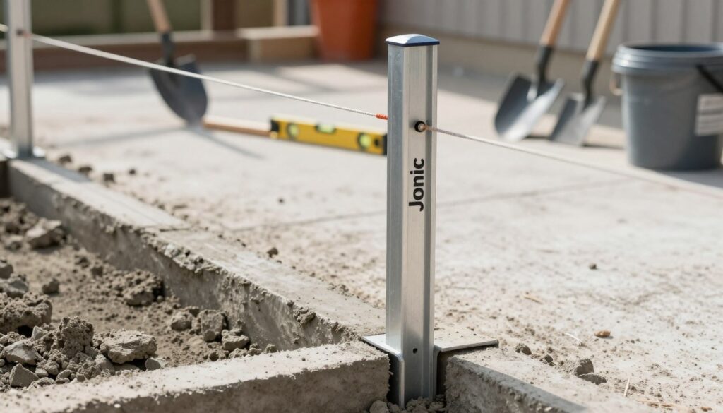 A close-up of a well-constructed "Joniec" fence post being installed in the foreground, showcasing a cement foundation being poured around the post. The fence post is made of durable materials, with a smooth finish and clear structural integrity. In the middle ground, a level tool rests on top of a string line, ensuring the posts are aligned properly. The background features a neatly organized workspace with tools like a shovel, trowel, and buckets, emphasizing the importance of precision in construction. The lighting is bright and natural, casting soft shadows that create a professional and focused atmosphere. The angle is slightly downward, capturing the meticulous details of the installation process.
