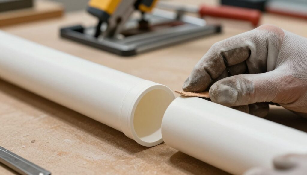 A close-up view of a carefully cut length of PVC pipe, split open along its length, showcasing smooth, even edges that exemplify precision and craftsmanship. The foreground features detailed textures of the cut surface, highlighting the clean, flawless finish. In the middle, a pair of well-used hands, adorned with protective gloves, gently sand down the edges to ensure a polished look. In the background, a softly lit workshop scene reveals tools like a mitre saw and sanding block, emphasizing a working environment where DIY enthusiasts perfect their techniques. Soft, diffused lighting creates a warm atmosphere, suggesting a sense of accomplishment and professionalism, perfect for illustrating effective edge finishing techniques.