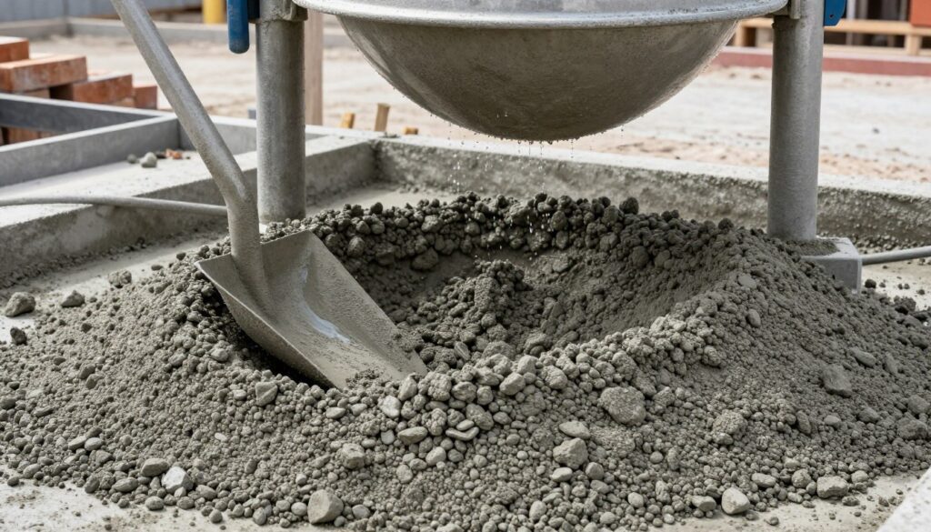 A close-up view of a concrete mixture in a construction setting, showcasing its rich, textured surface with varying shades of gray and small aggregate particles. In the foreground, include a large mixing shovel partially buried in the mixture, emphasizing its consistency and quality. The middle ground should feature a modern concrete mixer, its drum glistening under bright natural light, with droplets of water sparkling as they fall. In the background, display a construction site with partially set concrete edges and bricks, hinting at future pathways. The overall mood is industrious and professional, with clear, sharp focus to highlight the technical aspects of concrete preparation for durable installations.