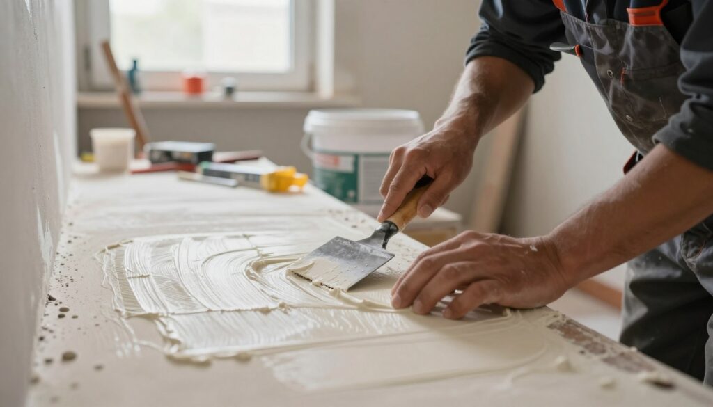 A close-up view of a construction worker applying joint compound (gips szpachlowy) to a wall with a large putty knife, showcasing the texture and consistency of the material. The worker, dressed in a professional business attire, is focused and methodical in their movements. In the background, various tools are visible, including a bucket of gips and other construction materials, slightly out of focus to emphasize the worker's actions in the foreground. Natural daylight filters in through a nearby window, illuminating the scene with a soft, warm glow. The overall atmosphere conveys diligence and craftsmanship, highlighting common mistakes like uneven application or air bubbles in the compound, which are subtly illustrated around the edges of the image. The camera angle is slightly lower, enhancing the scale of the work in progress. A close-up view of a construction worker applying joint compound (gips szpachlowy) to a wall with a large putty knife, showcasing the texture and consistency of the material. The worker, dressed in a professional business attire, is focused and methodical in their movements. In the background, various tools are visible, including a bucket of gips and other construction materials, slightly out of focus to emphasize the worker's actions in the foreground. Natural daylight filters in through a nearby window, illuminating the scene with a soft, warm glow. The overall atmosphere conveys diligence and craftsmanship, highlighting common mistakes like uneven application or air bubbles in the compound, which are subtly illustrated around the edges of the image. The camera angle is slightly lower, enhancing the scale of the work in progress.