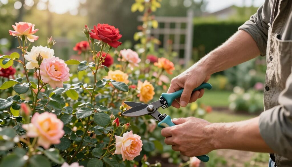 A close-up view of a gardener carefully pruning climbing roses, centered in the foreground, showcasing precise cuts on the plants. The gardener, dressed in modest casual clothing, is using sharp pruning shears, demonstrating the importance of technique. In the middle ground, lush, vibrant rose plants with an array of colorful blooms symbolizing their potential for healthy growth. Soft sunlight filters through leaves, creating a warm and inviting atmosphere. In the background, a garden setting with blurred greenery and trellises enhances the scene without distraction, emphasizing the focus on the pruning task. The composition conveys a sense of care and expertise, highlighting the common mistakes made while pruning in a serene, natural environment.