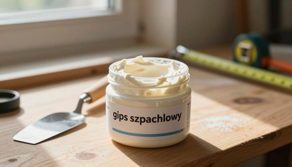 A close-up view of a jar of plaster putty, known as "gips szpachlowy," sitting on a wooden workbench with a stainless steel trowel beside it. The jar is partially open, revealing the creamy, smooth texture of the putty inside. In the background, softly blurred, there are construction tools like a spatula and a measuring tape, suggesting a workshop environment. Natural light streams in from a nearby window, casting warm highlights on the jar and creating a cozy, productive atmosphere. The scene is designed to evoke a sense of craftsmanship and attention to detail, ideal for illustrating a comparison of materials. The focus is clear, highlighting the putty's texture and application tools, while the background remains subtly out of focus. A close-up view of a jar of plaster putty, known as "gips szpachlowy," sitting on a wooden workbench with a stainless steel trowel beside it. The jar is partially open, revealing the creamy, smooth texture of the putty inside. In the background, softly blurred, there are construction tools like a spatula and a measuring tape, suggesting a workshop environment. Natural light streams in from a nearby window, casting warm highlights on the jar and creating a cozy, productive atmosphere. The scene is designed to evoke a sense of craftsmanship and attention to detail, ideal for illustrating a comparison of materials. The focus is clear, highlighting the putty's texture and application tools, while the background remains subtly out of focus.