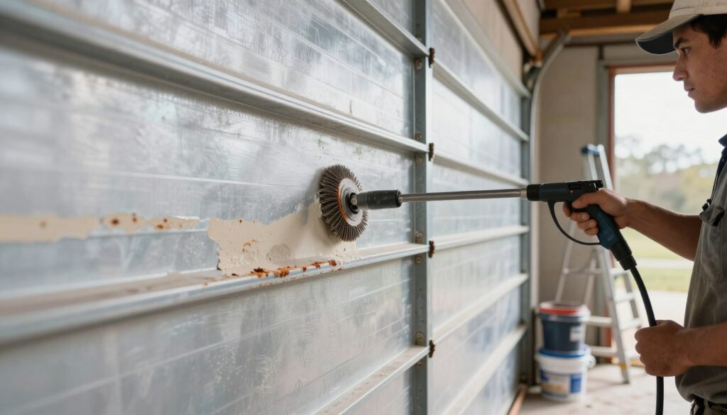 A close-up view of a metal garage wall being prepared for plastering. In the foreground, a worker in modest, casual clothing is meticulously cleaning the surface with a wire brush and a pressure washer, showcasing the removal of rust and grime. The middle ground features a partially cleaned wall, revealing smooth, shiny metal areas contrasting with rugged, untreated sections. The background includes tools such as a ladder and buckets of primer, emphasizing an organized workspace. The lighting is bright and natural, with sunlight casting soft shadows, creating an optimistic atmosphere of diligence and preparation. The composition should focus on practical details, excluding any text or human distractions, while highlighting the importance of surface preparation for a durable finish.