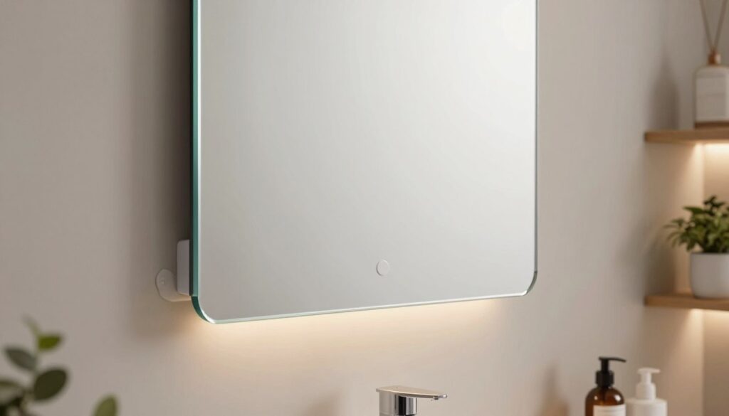 A close-up view of a modern, stylish bathroom wall featuring an innovative mirror mounting solution that does not require drilling. In the foreground, a sleek mirror hangs securely on the wall, showcasing its flawless reflection of the light and design elements. The middle ground includes subtle details of the mounting hardware, such as adhesive strips or hooks, elegantly integrated into the aesthetic of the wall. The background features soft ambient lighting that enhances the serene atmosphere, with a hint of decorative elements like potted plants and minimalist shelves. The overall mood is inviting and safe, highlighting the importance of a secure and attractive mirror installation without traditional methods.