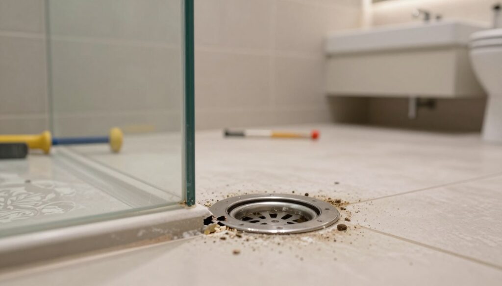 A close-up view of a poorly installed shower drain in a modern bathroom setting, showcasing assembly errors affecting water flow. In the foreground, highlight the misaligned drain connection with visible gaps and debris around it, emphasizing the leakage issues. The middle ground features a partially constructed shower area with tiles and plumbing tools scattered around, suggesting an ongoing repair process. In the background, a well-lit bathroom with neutral-toned walls and elegant fixtures creates a professional atmosphere. Use soft, diffused lighting to enhance clarity and detail, capturing the textures of the materials like tile and metal. The composition conveys urgency and the importance of correct installation techniques, focusing on problem areas without distractions or additional elements.