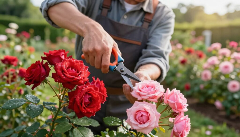 A close-up view of a professional gardener carefully pruning climbing roses with sharp pruning shears. In the foreground, vibrant, blooming rose clusters in shades of deep red and soft pink, showcasing healthy leaves glistening with morning dew. The middle ground features the gardener, dressed in modest, professional gardening attire, focused on the precise cuts being made. In the background, a lush garden full of various rose varieties and green foliage under bright, natural sunlight, creating a warm and inviting atmosphere. Soft focus on the background to emphasize the act of pruning and the beauty of the roses. The image should convey a sense of care and passion for horticulture. A close-up view of a professional gardener carefully pruning climbing roses with sharp pruning shears. In the foreground, vibrant, blooming rose clusters in shades of deep red and soft pink, showcasing healthy leaves glistening with morning dew. The middle ground features the gardener, dressed in modest, professional gardening attire, focused on the precise cuts being made. In the background, a lush garden full of various rose varieties and green foliage under bright, natural sunlight, creating a warm and inviting atmosphere. Soft focus on the background to emphasize the act of pruning and the beauty of the roses. The image should convey a sense of care and passion for horticulture.