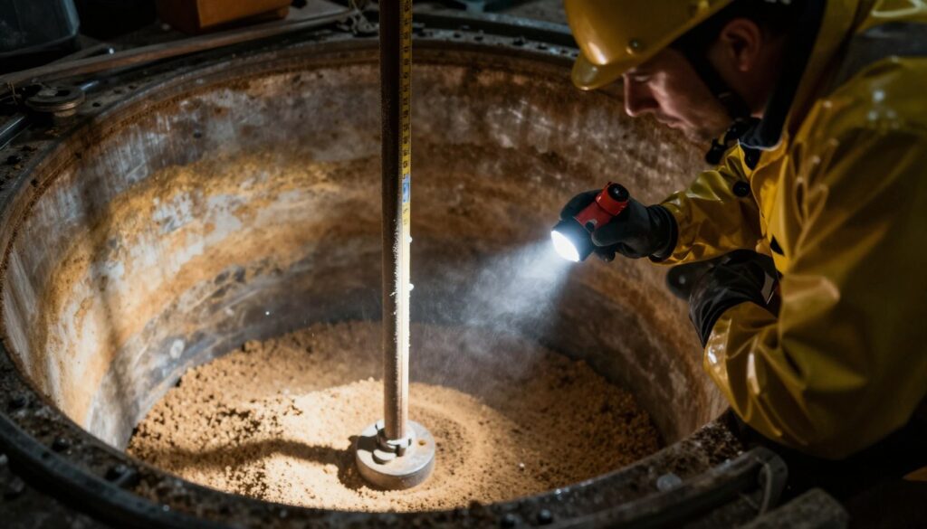 A close-up view of a professional surveying the inside of a well, equipped with a measuring tool and a flashlight. The foreground features the surveyor dressed in waterproof work attire, focused on assessing the sand levels. In the middle, show the well structure, highlighting the sandy sediment at the bottom with the tool positioned for measurement. The background reveals the well shaft with light cascading down, creating a contrast between light and shadows. The overall atmosphere is serious and contemplative, with a warm, ambient light illuminating the scene, suggesting a meticulous evaluation process before undertaking work in the well.