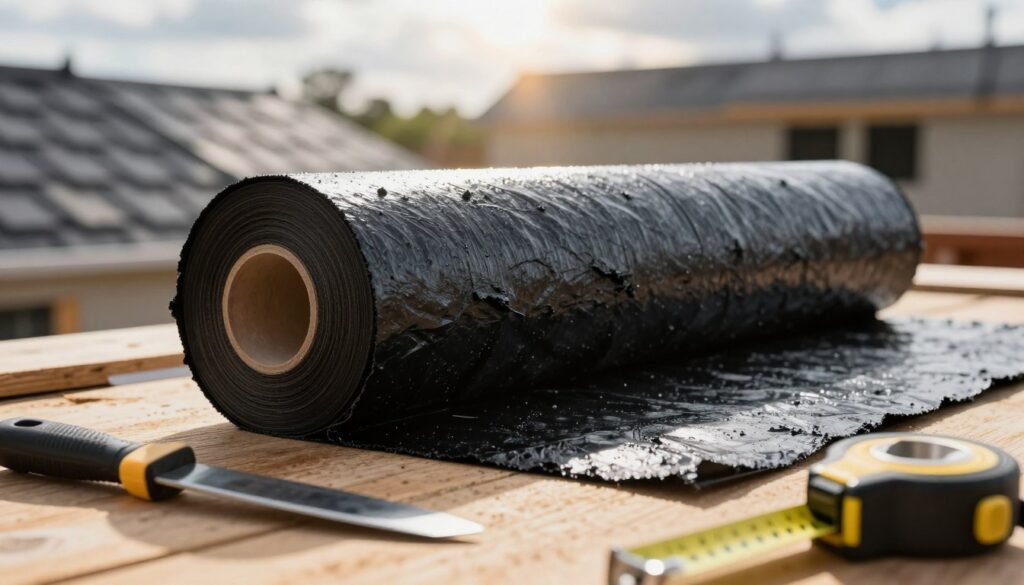 A close-up view of a roll of roofing felt (papa) resting on a wooden surface, showcasing its textured, black tar-like surface. The foreground features tools commonly used in roofing, such as a knife and tape measure, adding a practical touch. In the middle, the roll of papa is the focal point, allowing for detailed inspection of its layers and material composition. The background features a blurred construction site, with partially covered roofs and sunlight casting soft rays through the clouds, creating a warm atmosphere. The scene should convey a sense of professional craftsmanship, emphasizing the importance of proper waste management practices. Use natural lighting to accentuate the textures and colors of the materials, captured at a slight angle to provide depth.