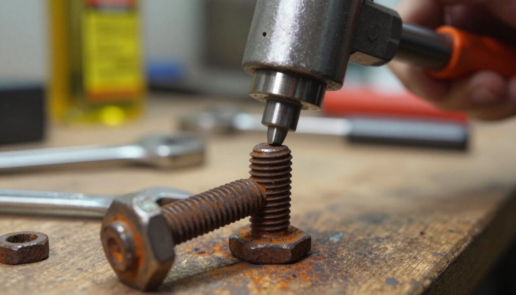A close-up view of a rusted bolt being loosened with the aid of vibrations, showcasing the intricate details of the corroded metal. In the foreground, focus on the bolt, with fine textures highlighting the rust and wear. The middle ground features a mechanical tool equipped with a vibrating mechanism, its components glinting under bright workshop lighting. In the background, subtly blurred workbench items like wrenches and oil cans create a authentic workshop atmosphere. The scene is illuminated with a soft, warm light to evoke a sense of determination and focus, capturing the tension and energy of the moment. The angle is slightly low, emphasizing the bolt's significance in the battle against corrosion.