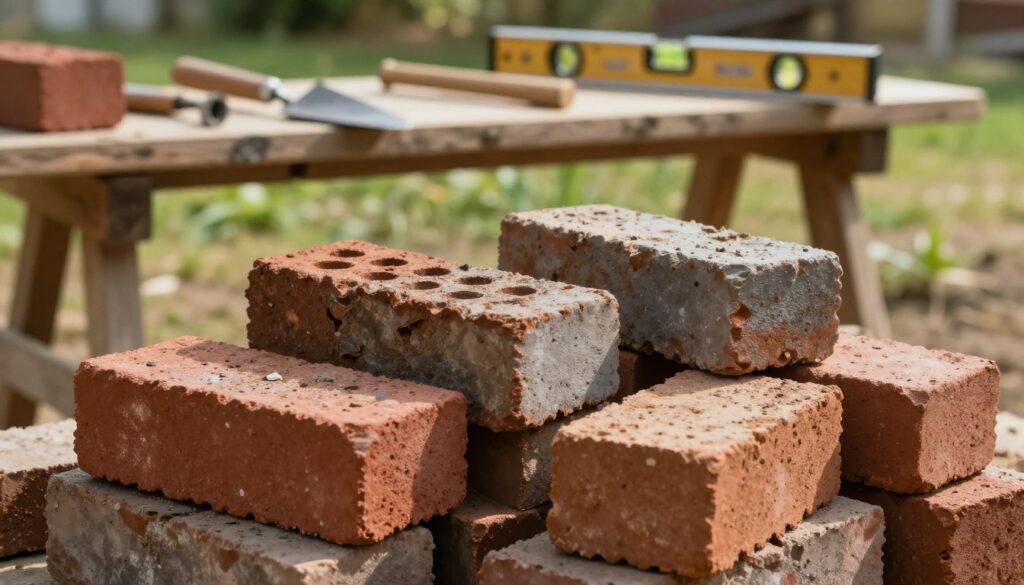 A close-up view of a selection of vintage demolition bricks, showcasing their unique textures and weathered surfaces. The foreground features several bricks arranged artistically, highlighting their varied colors of red, brown, and gray with visible mortar residue. In the middle ground, a rustic wooden toolbench displays masonry tools such as a trowel and level, emphasizing a construction theme. The background hints at a tranquil outdoor setting with green grass and soft, natural sunlight filtering through trees, creating an inviting atmosphere. The image should convey a sense of craftsmanship and durability, with warm, natural lighting that enhances the earthy tones of the bricks. Capture each detail with a shallow depth of field, allowing the subject to stand out clearly.