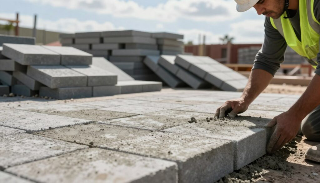 A close-up view of an outdoor construction site showing common mistakes in the production of paving stones. In the foreground, a worker in a hard hat and safety vest inspects incorrectly mixed concrete, with subtle cracks and uneven texture visible. In the middle ground, there are piles of misaligned paving stones stacked haphazardly, showcasing improper handling. The background features a sunny sky with a few clouds, casting soft shadows on the ground. The scene is well-lit to enhance the details of the errors, with a slightly blurred effect to focus on the mistakes rather than the environment. The overall atmosphere conveys a sense of urgency and the importance of craftsmanship in amateur paving projects.