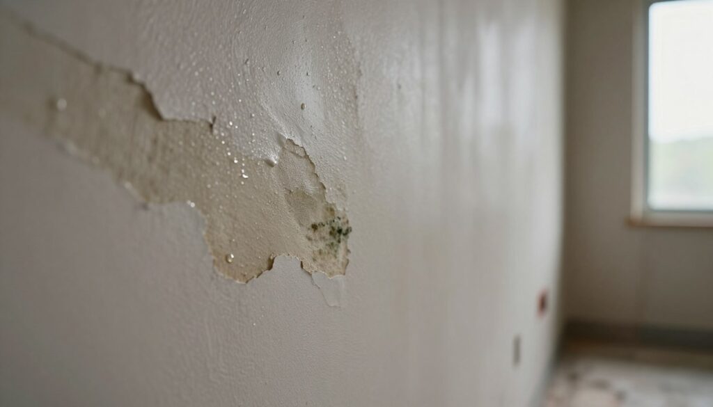 A close-up view of damp walls in a newly constructed home, showcasing the early signs of moisture damage. The foreground features peeling paint, discolored patches, and small droplets of water on the surface, illustrating the problem of wall dampness. In the middle ground, a faint outline of mold begins to appear, emphasizing the urgency of addressing the issue. The background is a subdued interior, with soft, natural lighting filtering through a nearby window, casting gentle shadows and creating a slightly somber atmosphere. The angle is slightly tilted, focusing on the texture and detail of the dampness, enhancing the visual impact while maintaining a professional and informative tone. The overall mood should convey concern and the need for timely intervention without any human subjects or additional distractions. A close-up view of damp walls in a newly constructed home, showcasing the early signs of moisture damage. The foreground features peeling paint, discolored patches, and small droplets of water on the surface, illustrating the problem of wall dampness. In the middle ground, a faint outline of mold begins to appear, emphasizing the urgency of addressing the issue. The background is a subdued interior, with soft, natural lighting filtering through a nearby window, casting gentle shadows and creating a slightly somber atmosphere. The angle is slightly tilted, focusing on the texture and detail of the dampness, enhancing the visual impact while maintaining a professional and informative tone. The overall mood should convey concern and the need for timely intervention without any human subjects or additional distractions.