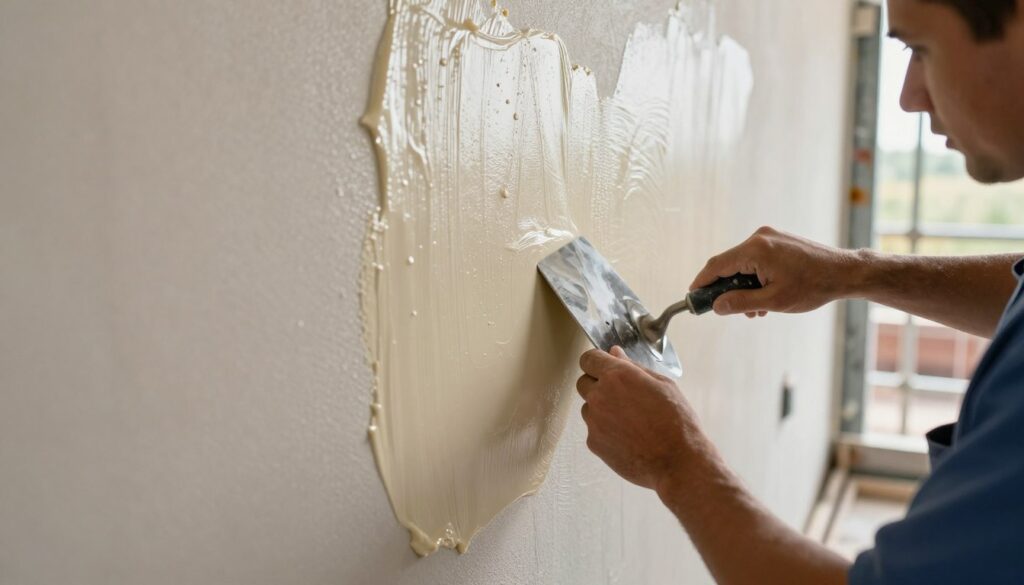 A close-up view of freshly applied silicone render on a textured wall, showcasing the smoothness and evenness of the surface. In the foreground, a worker in professional attire carefully uses a trowel to refine the edges, emphasizing precision. The middle ground displays the silicone render glistening under natural daylight, with droplets of water nearby to imply protection from external factors. The background features a blurred construction site with scaffolding and tools, creating a sense of active work in progress. The warm glow of sunlight filters through, creating a soft ambiance that suggests care and attention to detail in finishing the render. The overall mood is focused and professional, illustrating the importance of safeguarding the freshly applied layer.
