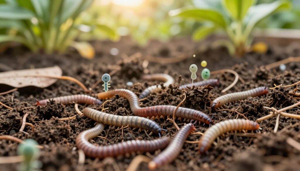 A close-up view of lush, fertile soil teeming with a variety of earthworms and microorganisms, emphasizing their vital role in soil health. In the foreground, several earthworms are visible, exhibiting their characteristic segmented bodies, while beneficial microbes are subtly illustrated around them, showcasing a dynamic ecosystem. In the middle, the rich, dark soil is mixed with organic matter, such as decomposing leaves and small roots, highlighting its texture. The background features a soft focus of garden plants, bathed in warm, natural sunlight to create an inviting atmosphere. The image captures the essence of a thriving garden ecosystem, with gentle shadows enhancing the depth. A macro lens effect is implied to accentuate the intricate details of the soil and its inhabitants, evoking a sense of harmony and vitality in nature.