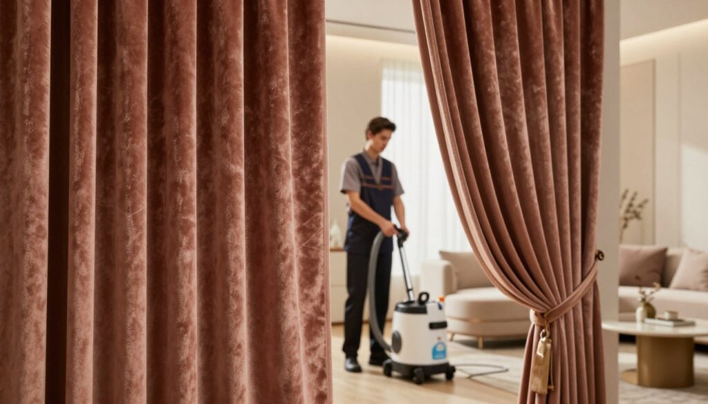 A close-up view of luxurious velvet curtains draped elegantly in a softly lit room. The texture of the fabric is highlighted under warm, diffused lighting, emphasizing its softness and rich colors. In the foreground, the curtains are freshly cleaned and neatly arranged, showcasing their elegance and refinement. In the middle, a professional cleaner in modest business attire smoothly operates a high-quality dry cleaning machine, surrounded by cleaning supplies, indicating a professional cleaning process. In the background, a tastefully decorated living space with minimalistic furnishings and warm tones creates a cozy atmosphere, enhancing the curtains' majestic presence. The overall mood is serene and sophisticated, evoking a sense of care and professionalism in textile maintenance.