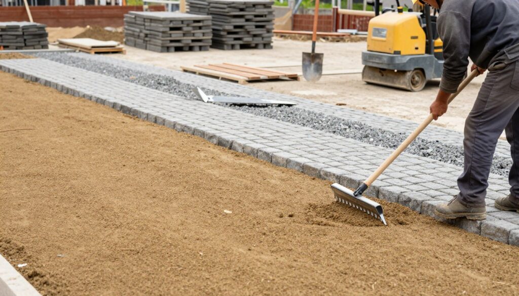 A construction site focused on the process of laying a sand and gravel base for cobblestones, showcasing the meticulous work involved in achieving a level surface. In the foreground, a worker in a hard hat and professional attire is using a rake to spread the podsypka material evenly. In the middle ground, a partially completed pathway shows freshly poured gravel with a leveling tool placed at an angle, indicating precise adjustments. The background features stacks of cobblestones waiting to be laid, with tools like a shovel and a compacting machine positioned nearby. Soft, natural daylight creates a warm atmosphere, illuminating the texture of the materials. The scene is detailed, well-organized, and reflects the professionalism of the paving process, emphasizing quality preparation for durability. A construction site focused on the process of laying a sand and gravel base for cobblestones, showcasing the meticulous work involved in achieving a level surface. In the foreground, a worker in a hard hat and professional attire is using a rake to spread the podsypka material evenly. In the middle ground, a partially completed pathway shows freshly poured gravel with a leveling tool placed at an angle, indicating precise adjustments. The background features stacks of cobblestones waiting to be laid, with tools like a shovel and a compacting machine positioned nearby. Soft, natural daylight creates a warm atmosphere, illuminating the texture of the materials. The scene is detailed, well-organized, and reflects the professionalism of the paving process, emphasizing quality preparation for durability.