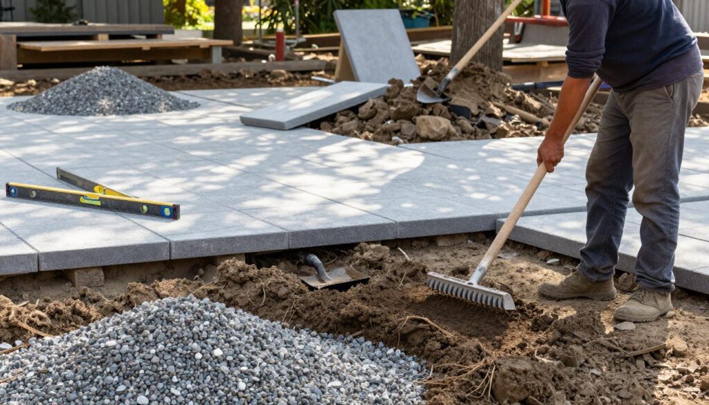 A construction site showcasing the preparation for laying sidewalk slabs, featuring a spacious area with freshly dug earth, piles of gravel, and tools like shovels and levelers. In the foreground, a skilled worker wearing modest casual clothing is carefully leveling the ground with a rake, demonstrating focus and expertise. The middle ground captures several broken sidewalk slabs arranged in a visually appealing pattern, with some slabs resting against a pile of dirt. In the background, soft natural light filters through nearby trees, casting gentle shadows across the scene. The atmosphere feels industrious yet calm, embodying a practical approach to garden landscaping. Emphasize the textures of the soil and stones, enhancing the realism of the preparation process.
