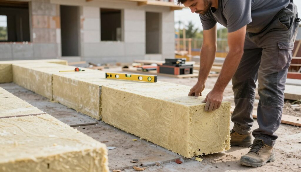 A construction site showcasing the process of thermal bridge elimination during insulation installation on an uneven substrate. In the foreground, a skilled worker in professional clothing carefully lays high-density polystyrene insulation panels, ensuring tight seams to prevent gaps. The middle ground features a variety of tools such as a level and measuring tape, emphasizing precision. The background displays an unfinished building structure with partially completed walls, bathed in natural daylight to create a warm and focused atmosphere. Use a wide-angle perspective to capture depth and detail in the scene, highlighting the importance of proper insulation techniques in energy efficiency. The mood should reflect professionalism and dedication to quality workmanship.