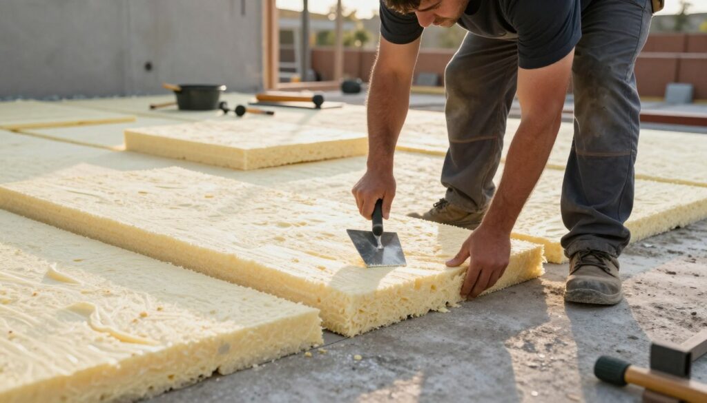 A construction worker in professional attire, carefully laying down sheets of polystyrene insulation on an uneven concrete surface. The foreground showcases the worker using a trowel to smooth the edges of the styrofoam, ensuring a tight fit. The middle ground captures the scattered insulation pieces beside him, illustrating the meticulous process of aligning them to avoid gaps. In the background, there's a partially constructed wall and tools scattered around, adding context to the construction site. The lighting is natural, with soft shadows indicating an outdoor environment during golden hour, creating a warm atmosphere of productivity and focus. The overall mood should convey dedication, skill, and professionalism in insulation installation techniques.