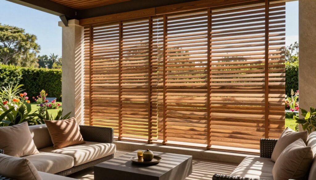 A contemporary terrace showcasing elegant wooden blinds partially closed, creating a subtle barrier for privacy. In the foreground, a stylish outdoor seating arrangement with plush cushions and a low coffee table, emphasizing comfort and sophistication. In the middle ground, the beautifully crafted wooden blinds with detailed grain patterns filtering soft, warm sunlight, casting gentle shadows on the floor. The background features a lush, green garden with colorful flowers and a clear blue sky, enhancing the serene atmosphere. The scene captures a peaceful, stylish outdoor retreat, perfect for enjoying moments of tranquility while ensuring privacy. The overall mood is inviting, calm, and elegant, with vibrant natural light illuminating the space.
