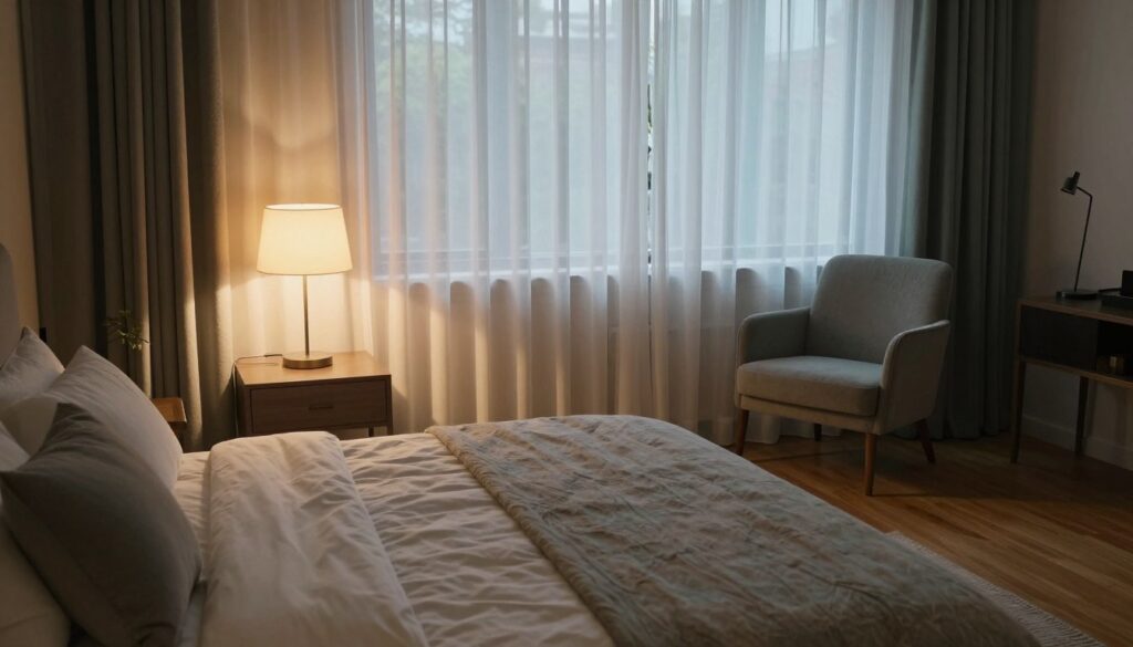 A cozy and inviting bedroom scene, focusing on harmonious lighting to enhance the atmosphere. In the foreground, a beautifully made bed with soft, textured linens in neutral colors. The middle ground features elegant bedside tables with modern lamps casting a warm, soft glow. Delicate light filters through sheer curtains, creating gentle shadows on the hardwood floor. A stylish armchair by the window adds to the inviting ambiance. The background showcases a calming color palette of soft blues and greens, further emphasizing tranquility. The lighting captures a serene evening mood, with a slight golden hue, inviting the viewer into a peaceful retreat. Use a wide lens perspective to encompass the entire room, ensuring a balanced composition.