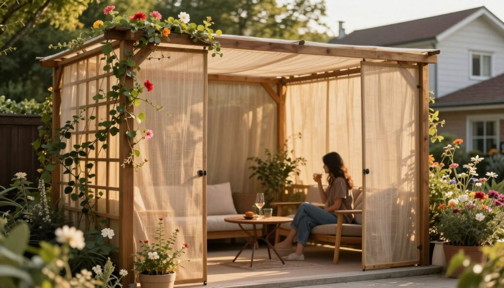 A cozy and stylish DIY patio shield made of natural materials. In the foreground, show a beautiful wooden trellis adorned with climbing vines and colorful flowers, creating a private nook. In the middle, a comfortable area with tastefully arranged outdoor furniture, like a small table and chairs, where a person in casual attire enjoys a drink, contributing to a relaxed atmosphere. In the background, soft green trees or neighboring houses can be seen, slightly blurred to emphasize privacy. The lighting should be warm and inviting, capturing the golden tones of a late afternoon sun, with a shallow depth of field to focus on the shield and patio scene. The overall mood conveys tranquility and elegant seclusion.