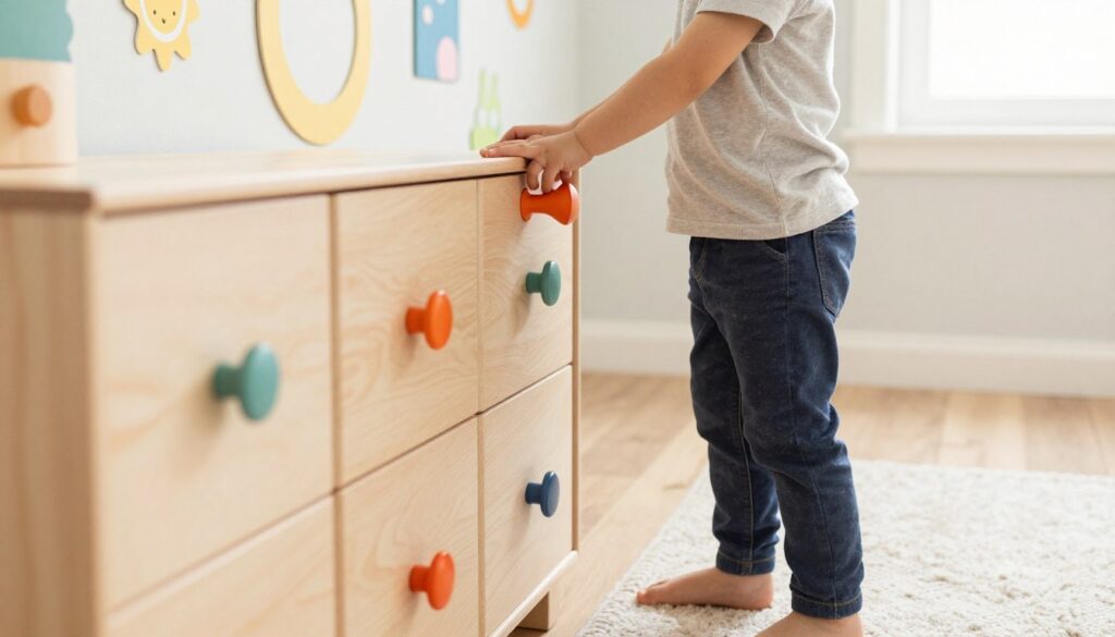 A cozy children's room featuring furniture with thoughtfully placed handles at a child-friendly height. In the foreground, a playful wooden dresser with colorful knobs, designed for small hands. In the middle, a child (around five years old) wearing casual, modest clothing, standing on their tiptoes to reach a bright orange handle, showcasing the importance of ergonomic design. The background includes cheerful wall decorations and a soft rug, adding warmth to the scene. Natural light streams through a window, creating a bright and inviting atmosphere. Use a slightly elevated angle to capture the child’s interaction with the furniture, emphasizing proportionality and comfort. The mood should be joyful and engaging, illustrating the tailored height adjustments for children's needs.