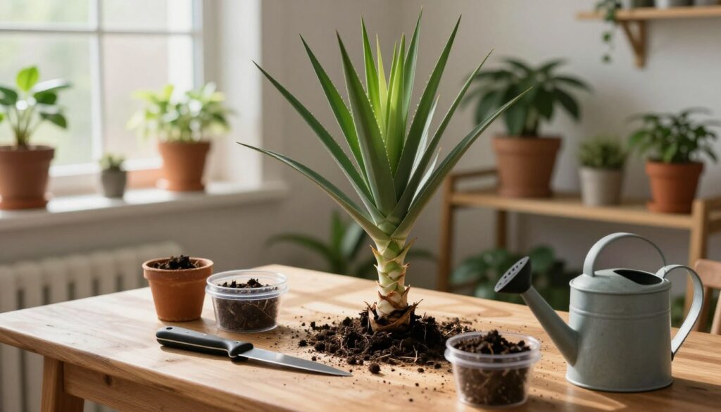 A cozy indoor setting showcasing the preparation process for propagating yucca plants. In the foreground, a wooden table with various gardening tools: a sharp knife, clean pots, potting mix, and a watering can. The yucca plant, with its long, spiky leaves and sturdy trunk, occupies the middle space, slightly tilted as if ready for trimming. Soft, natural light streams through a nearby window, casting gentle shadows that enhance the scene's warmth. In the background, potted plants on a shelf create an inviting green atmosphere. The mood is serene and focused, emphasizing care and attention to detail in the propagation process. A cozy indoor setting showcasing the preparation process for propagating yucca plants. In the foreground, a wooden table with various gardening tools: a sharp knife, clean pots, potting mix, and a watering can. The yucca plant, with its long, spiky leaves and sturdy trunk, occupies the middle space, slightly tilted as if ready for trimming. Soft, natural light streams through a nearby window, casting gentle shadows that enhance the scene's warmth. In the background, potted plants on a shelf create an inviting green atmosphere. The mood is serene and focused, emphasizing care and attention to detail in the propagation process.