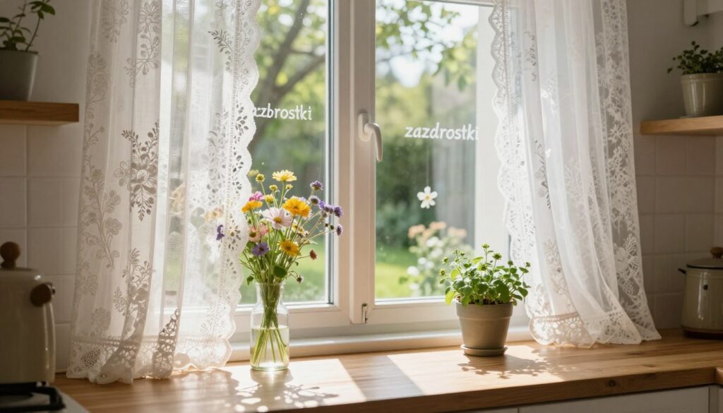 A cozy, inviting kitchen scene featuring charming window decorations known as "zazdrostki." In the foreground, delicate, sheer lace curtains delicately frame the window, showcasing intricate floral patterns. Bright, soft natural light streams in, casting gentle shadows on the countertop. In the middle ground, a wooden table is adorned with a vase of fresh wildflowers, and a small potted herb plant adds a touch of greenery. The background features a view of a serene garden, with sunlight filtering through lush trees. The atmosphere is warm and homely, evoking a sense of tranquility and simplicity. Use a warm color palette, focusing on soft whites and earthy tones, captured from a slight angle to highlight the window and the decorative elements.