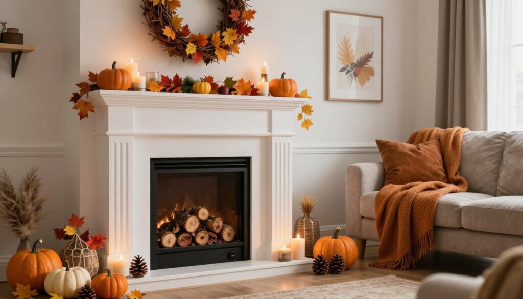 A cozy living room featuring a beautifully decorated fireplace for seasonal inspiration. In the foreground, colorful autumn leaves and small pumpkins surround the mantel, adorned with warm-toned candles and rustic accents. The middle showcases a charming fireplace with logs neatly placed, and above it, a wreath made of twigs and fall foliage. In the background, a plush sofa draped with a textured throw in warm hues invites relaxation, while soft, diffused lighting creates a welcoming atmosphere. Seasonal decor pieces such as pine cones and faux fur accents enhance the comfort. The overall vibe is inviting and stylish, ideal for a modern living space celebrating the beauty of the season.